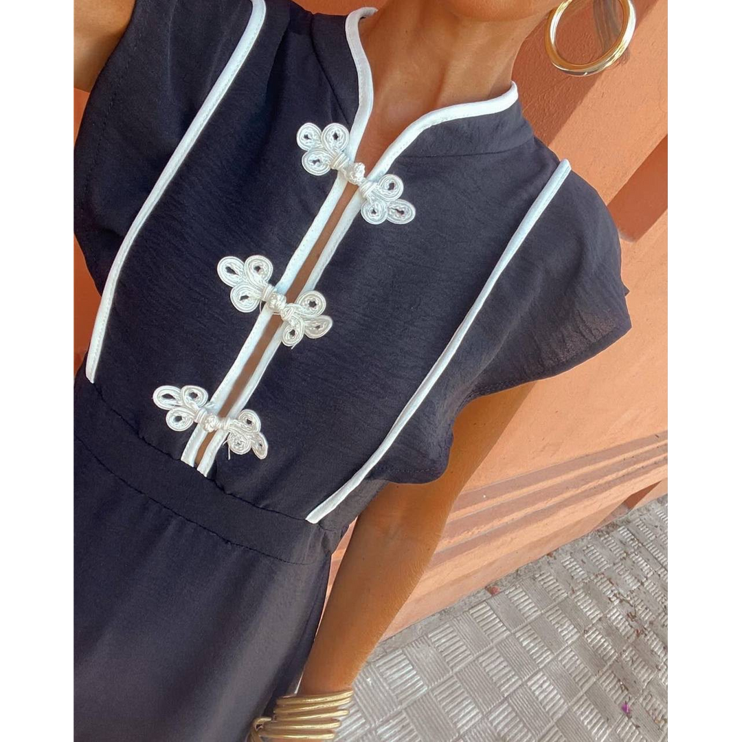 Mandarin Trim Linen Maxi Dress