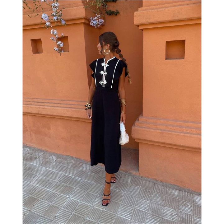 Mandarin Trim Linen Maxi Dress