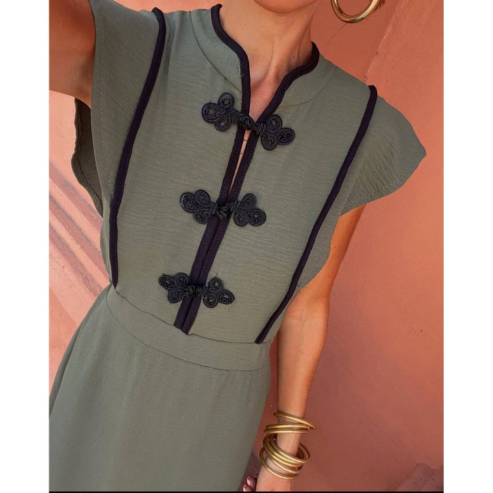 Mandarin Trim Linen Maxi Dress