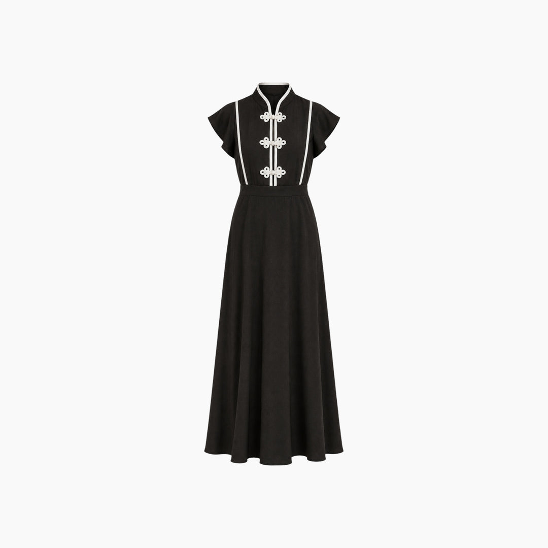 Mandarin Trim Linen Maxi Dress
