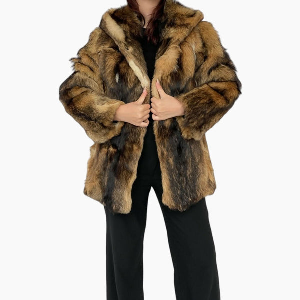 Medium Vintage Luxurious Exclusive Real Fur Heavy Hooded Jacket