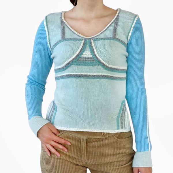 Medium Vintage Rib Knit Pastel Blues Wool Long Sleeve Top