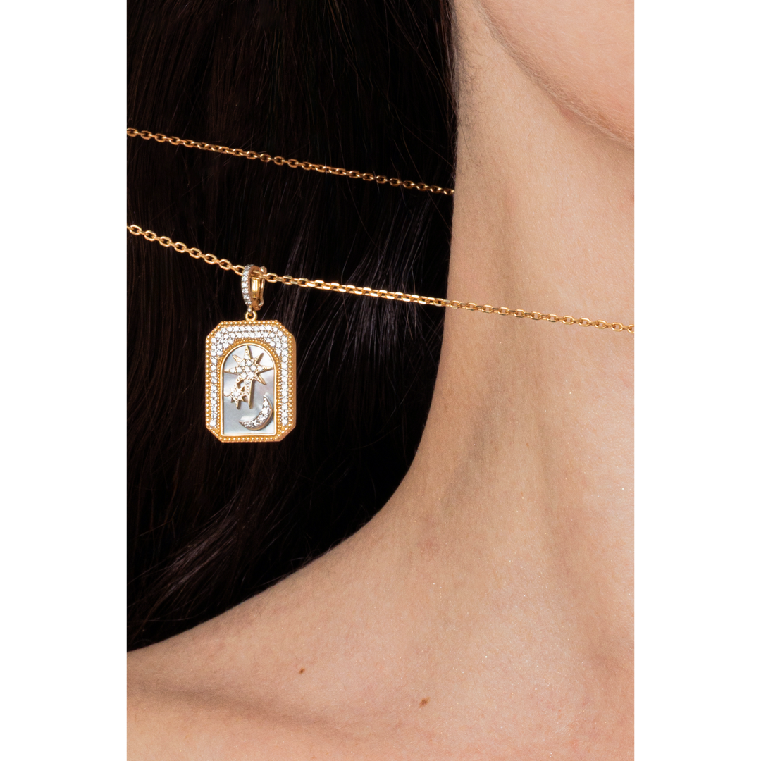 Meraki Yellow Gold Necklace with White Diamonds and Mother of Peal