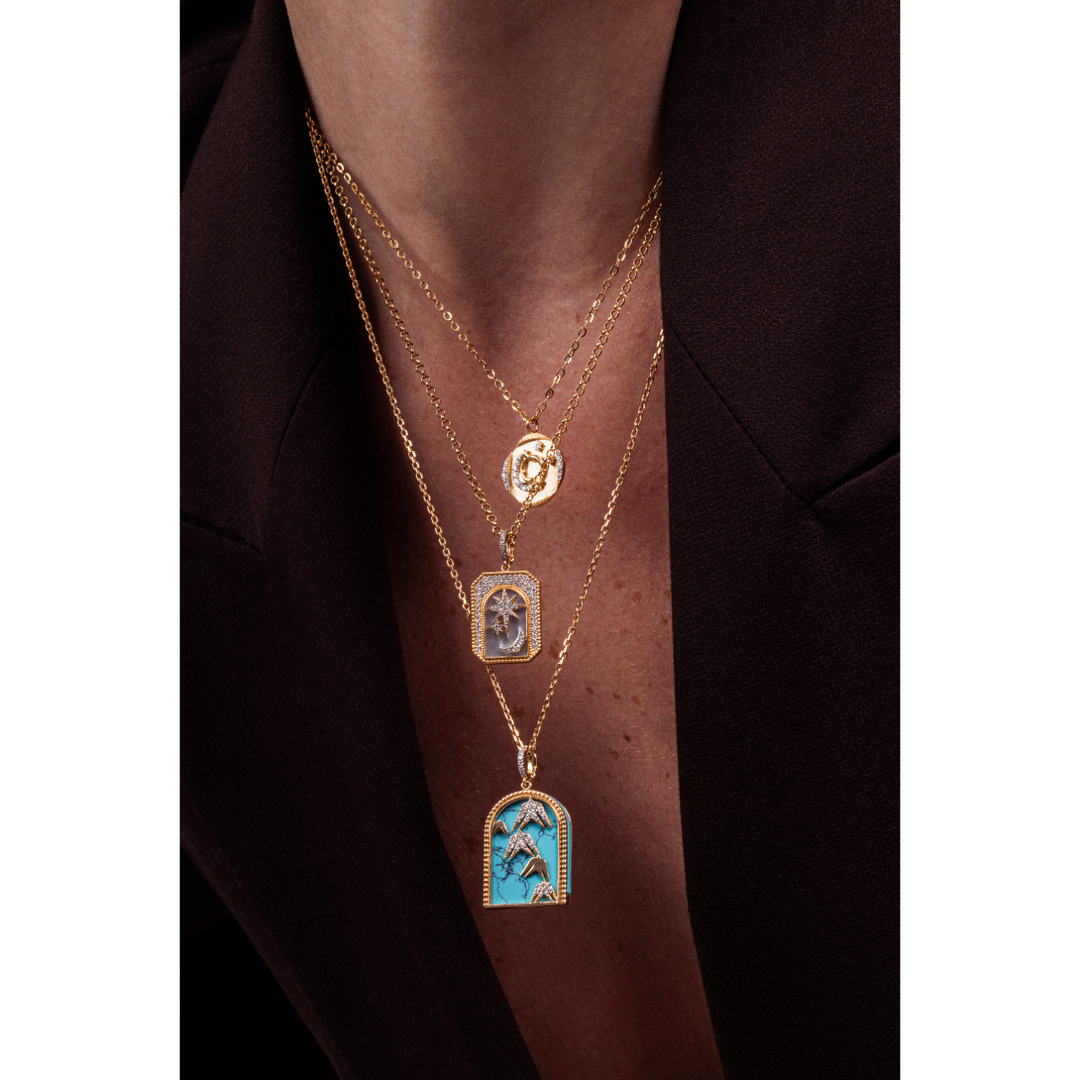 Meraki Yellow Gold Necklace with White Diamonds andt Urquoise