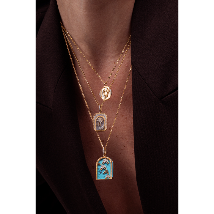 Meraki Yellow Gold Necklace with White Diamonds andt Urquoise