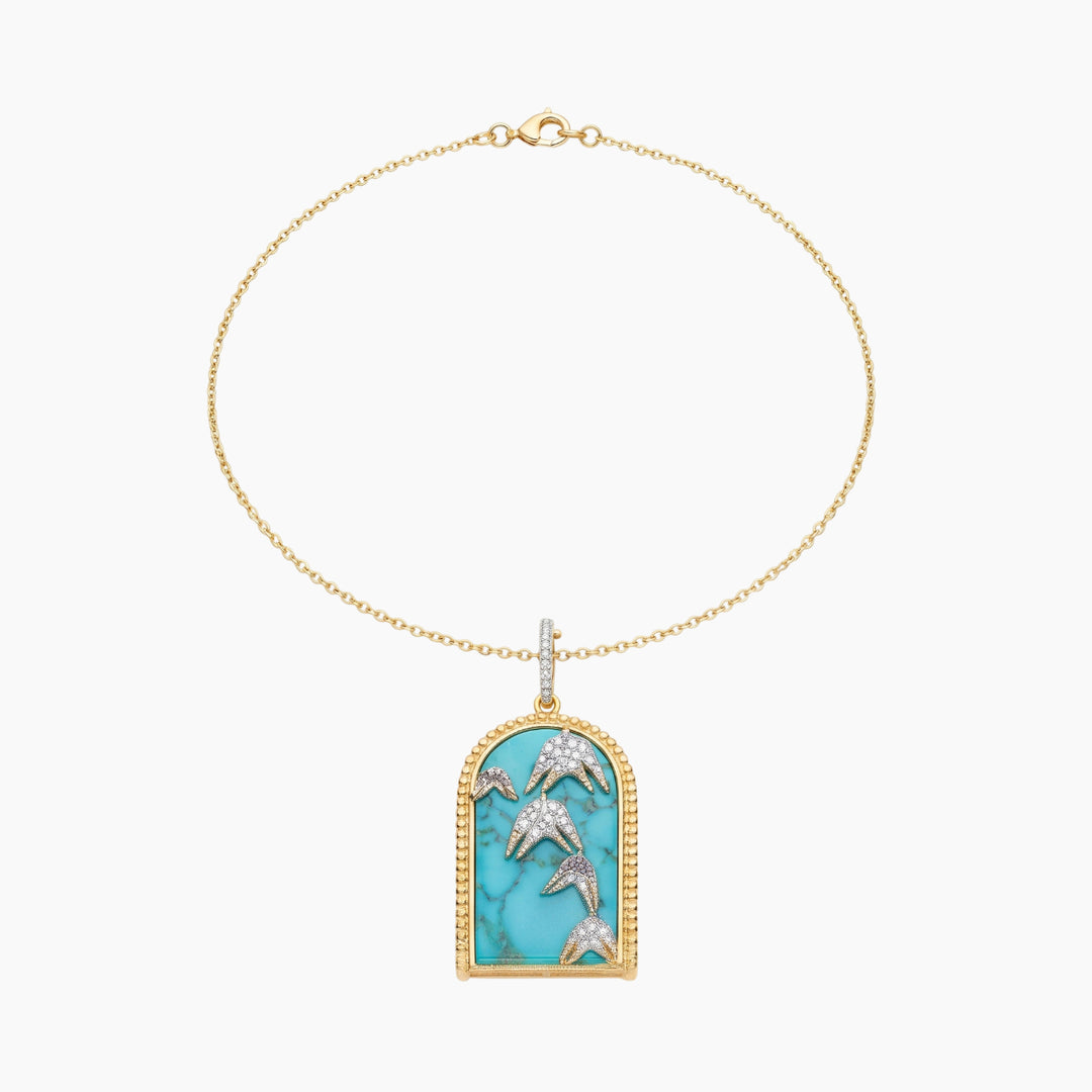 Meraki Yellow Gold Necklace with White Diamonds andt Urquoise