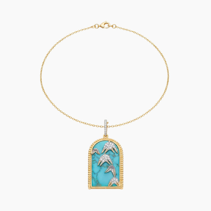 Meraki Yellow Gold Necklace with White Diamonds andt Urquoise