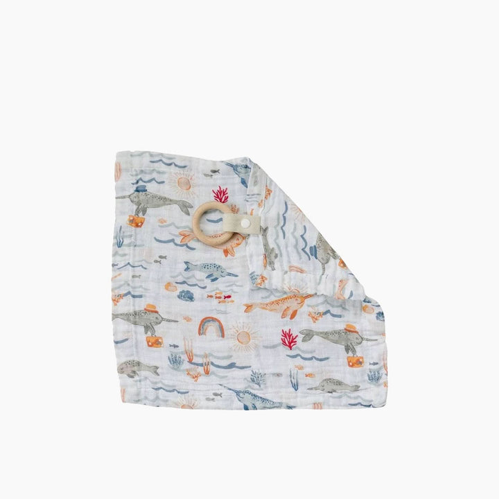 Bebe Au Lait narwhal muslin teether blanket with beechwood teether
