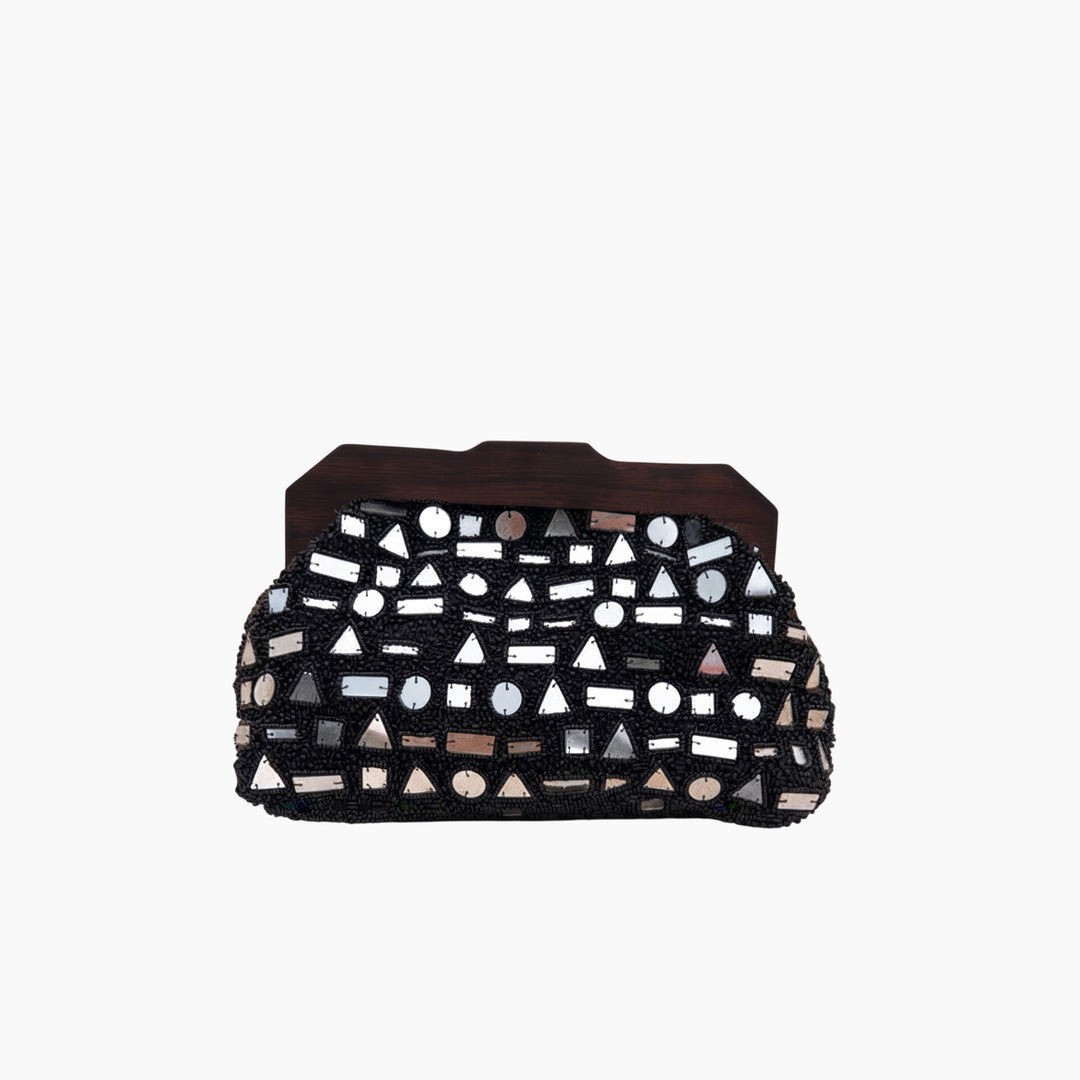 Never Fully Dressed Black Beaded Mirror Bag