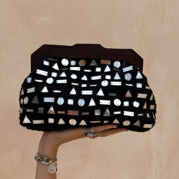 Never Fully Dressed Black Beaded Mirror Bag
