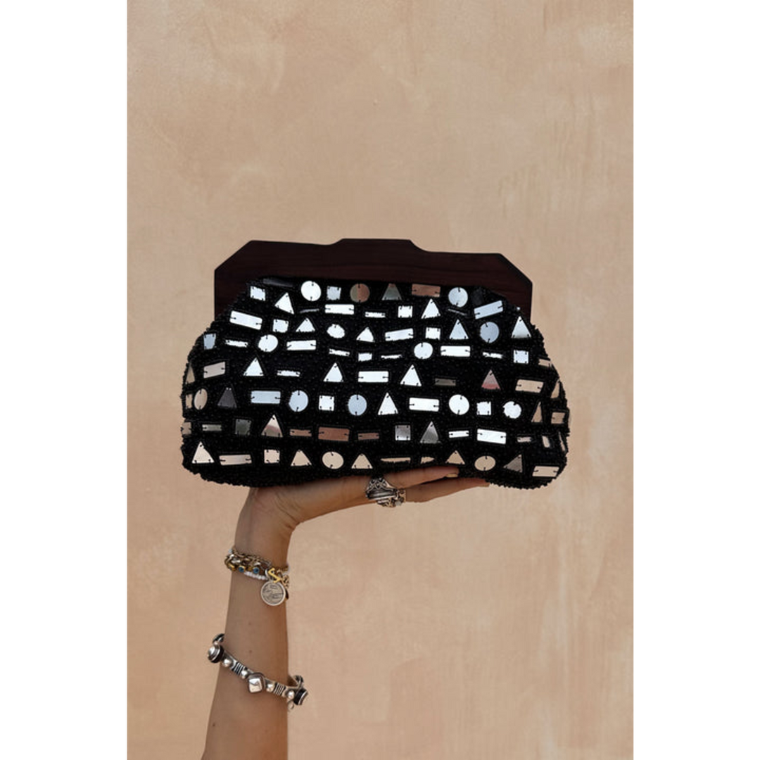 Never Fully Dressed Black Beaded Mirror Bag