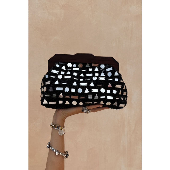 Never Fully Dressed Black Beaded Mirror Bag