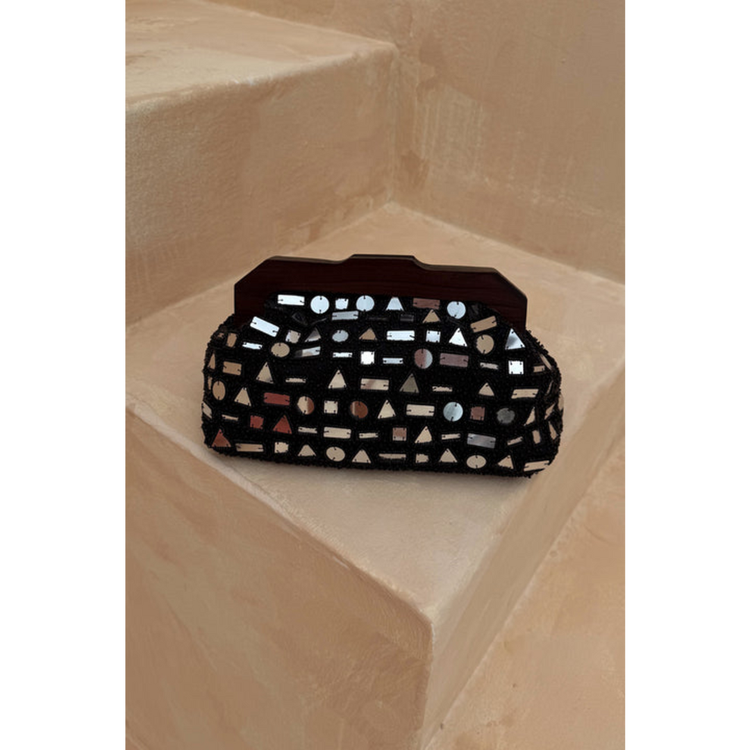 Never Fully Dressed Black Beaded Mirror Bag