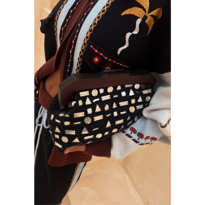 Never Fully Dressed Black Beaded Mirror Bag