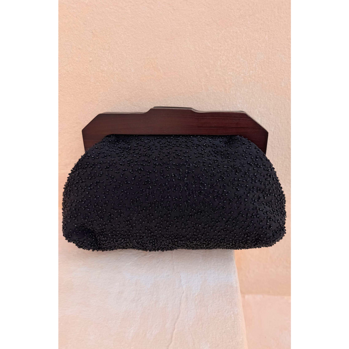 Never Fully Dressed Black Beaded Mirror Bag