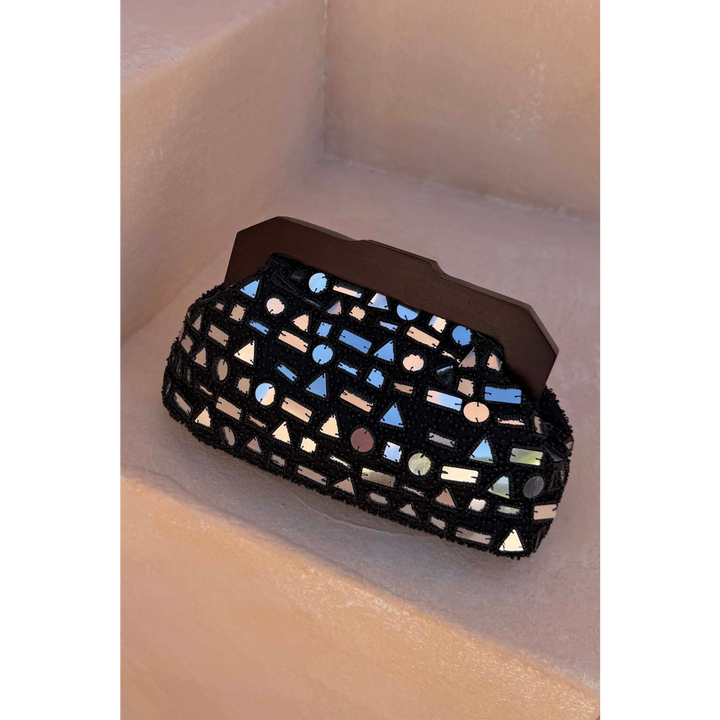 Never Fully Dressed Black Beaded Mirror Bag