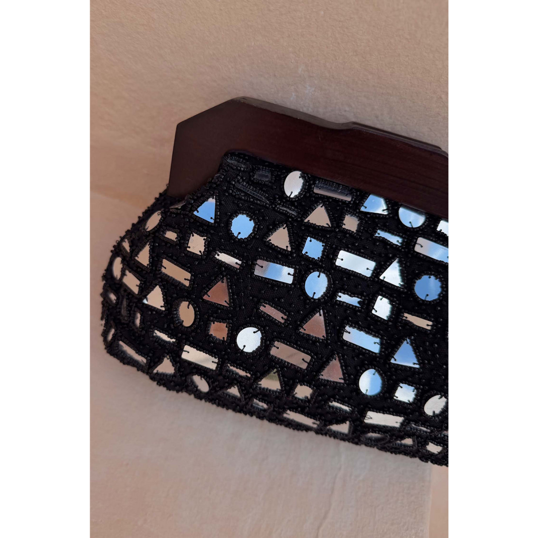 Never Fully Dressed Black Beaded Mirror Bag