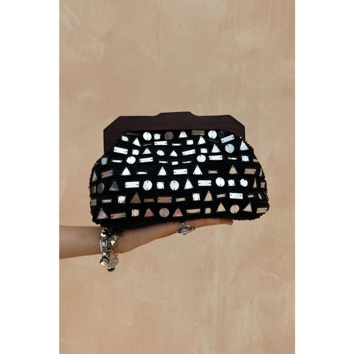Never Fully Dressed Black Beaded Mirror Bag