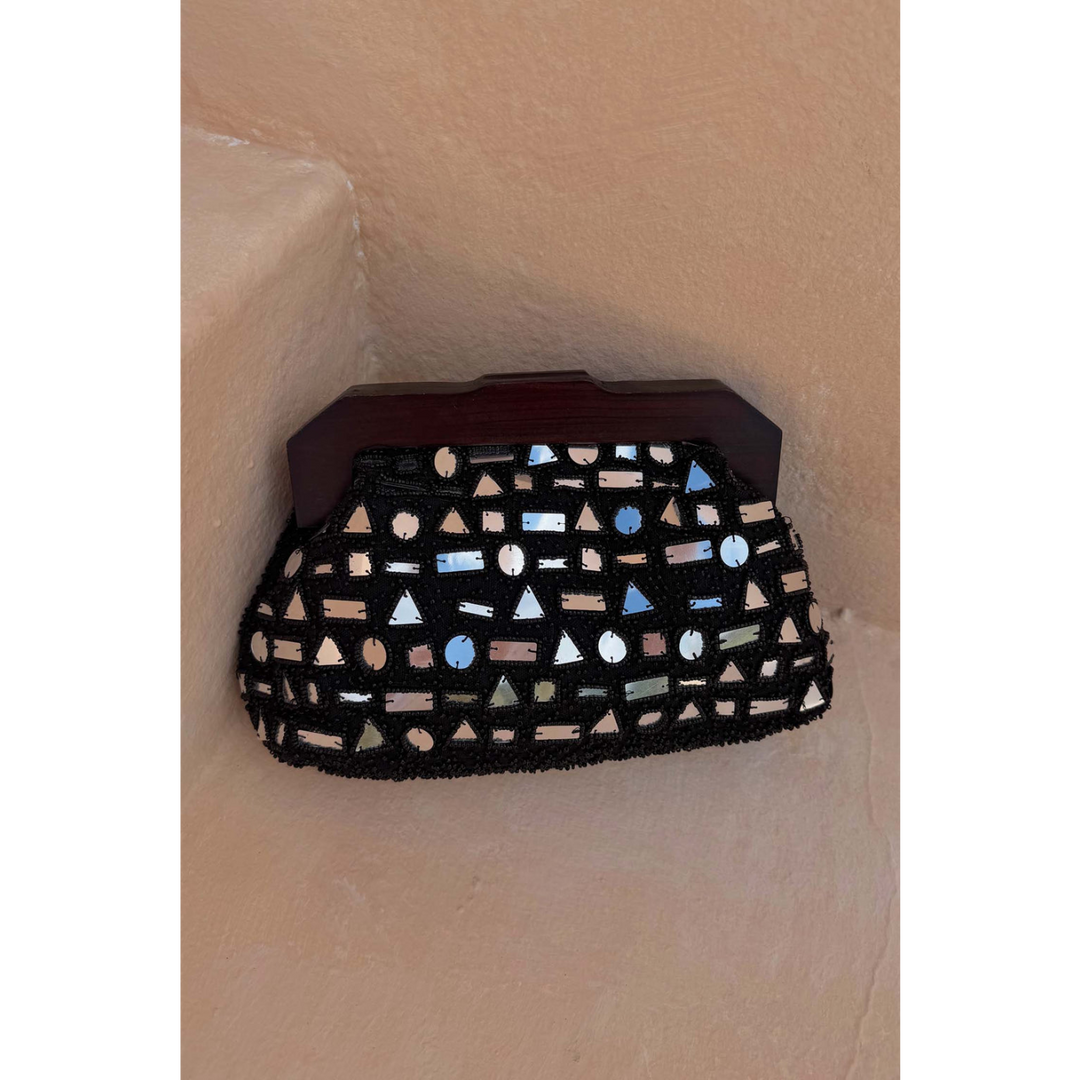 Never Fully Dressed Black Beaded Mirror Bag