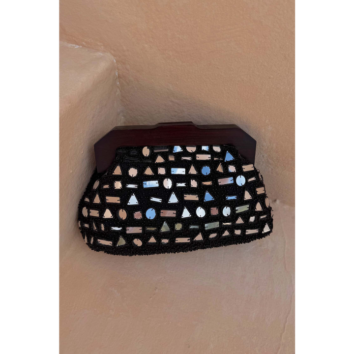 Never Fully Dressed Black Beaded Mirror Bag