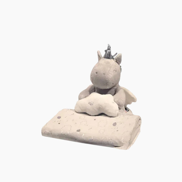 لعبة طفل وحيد القرن مع بطانية رمادية