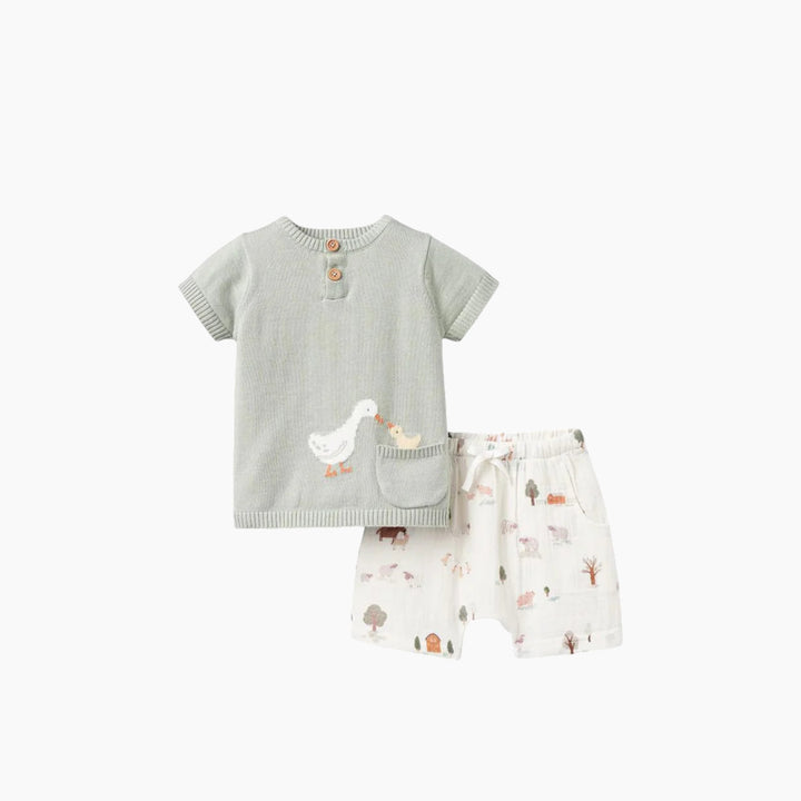 Elegant Baby On The Farm Knit Henley Organic Muslin Short Set