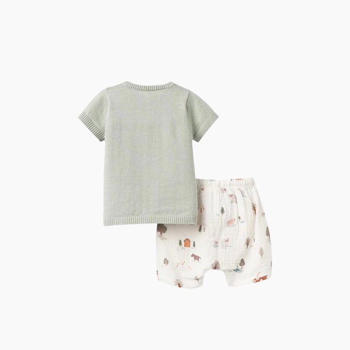 Elegant Baby On The Farm Knit Henley Organic Muslin Short Set