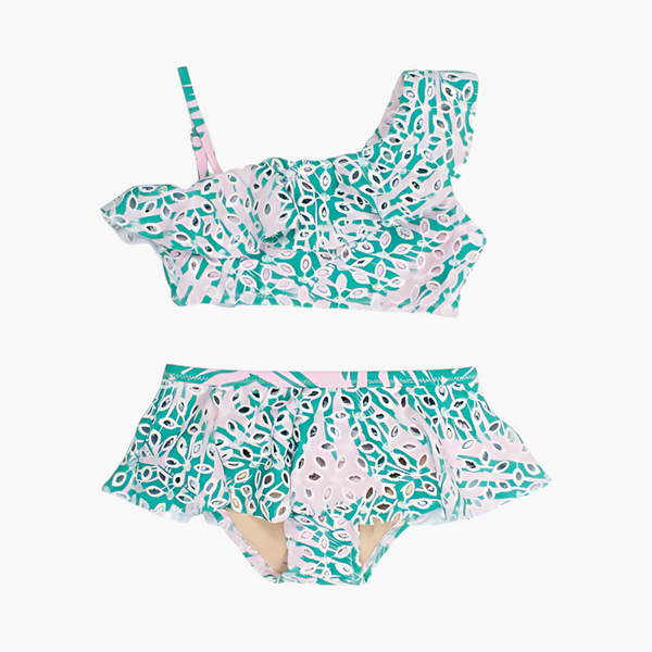 One Shoulder Retro Ruffle Botanical Eylet Bikini