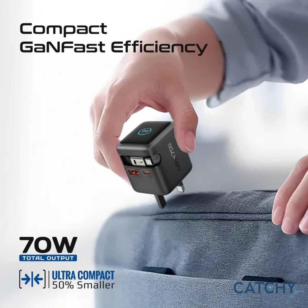 PROMATE Cubix-R70W wall charger with integrated retractable USB-C cable