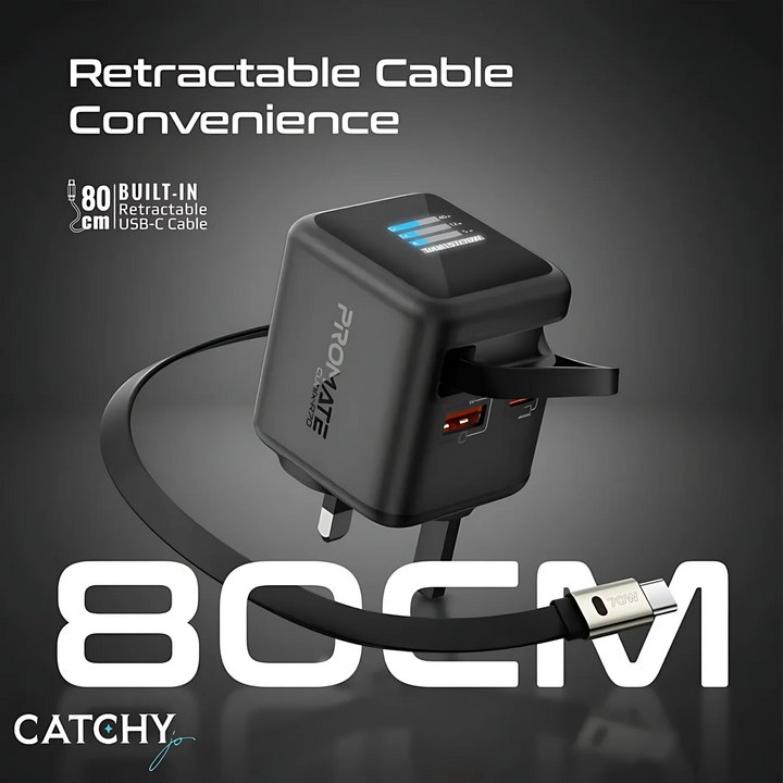 PROMATE Cubix-R70W wall charger with integrated retractable USB-C cable