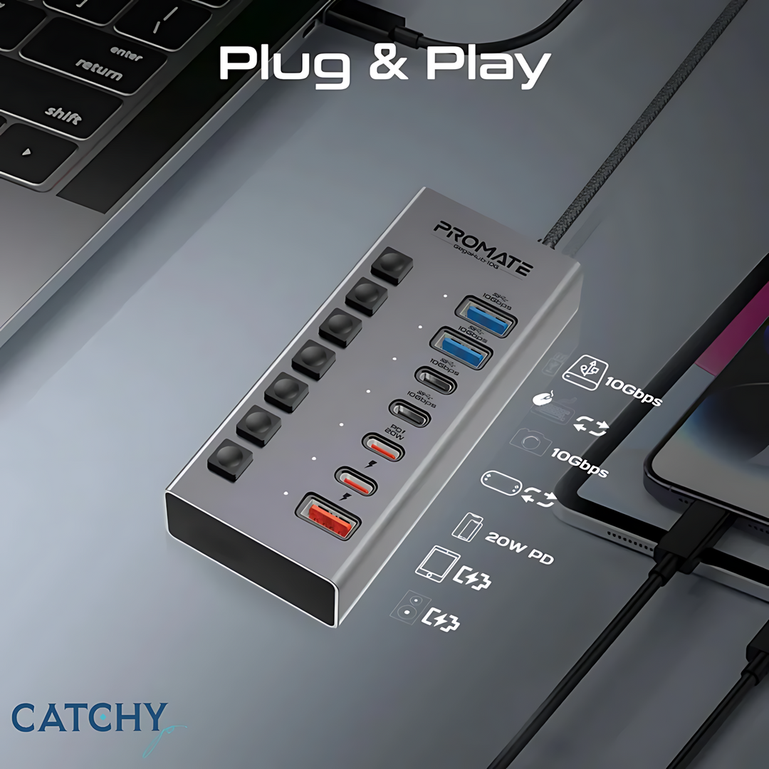 PROMATE GegaHub-10G 7-in-1 high-speed multi-port hub with integrated charging