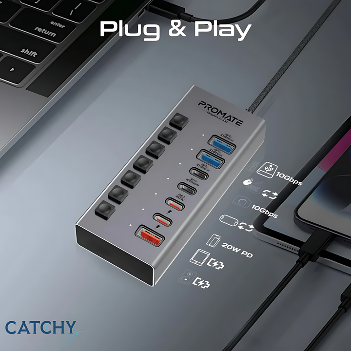 PROMATE GegaHub-10G 7-in-1 high-speed multi-port hub with integrated charging