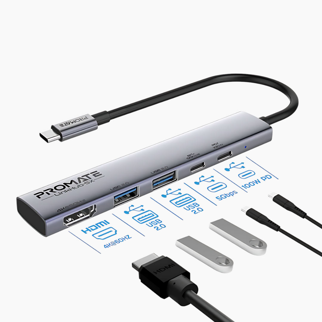 PROMATE LinkHub-5X USB-C Hub with aluminum alloy construction