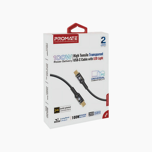 كابل PROMATE LucidLine-CC200 بطول 2 متر USB-C مع ضوء LED (100 واط)