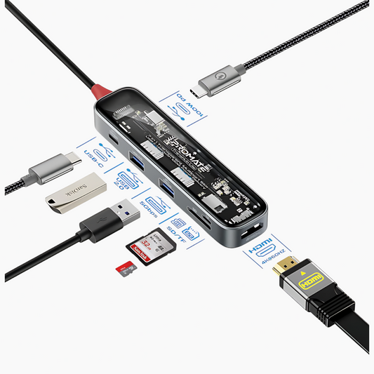 موزع USB-C شفاف متعدد المنافذ رفيع 7 في 1 من بروميت ترانس هب (100 واط)