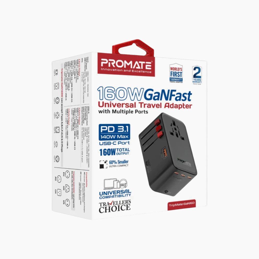 Promate 160W GaN universal travel adapter with universal AC socket