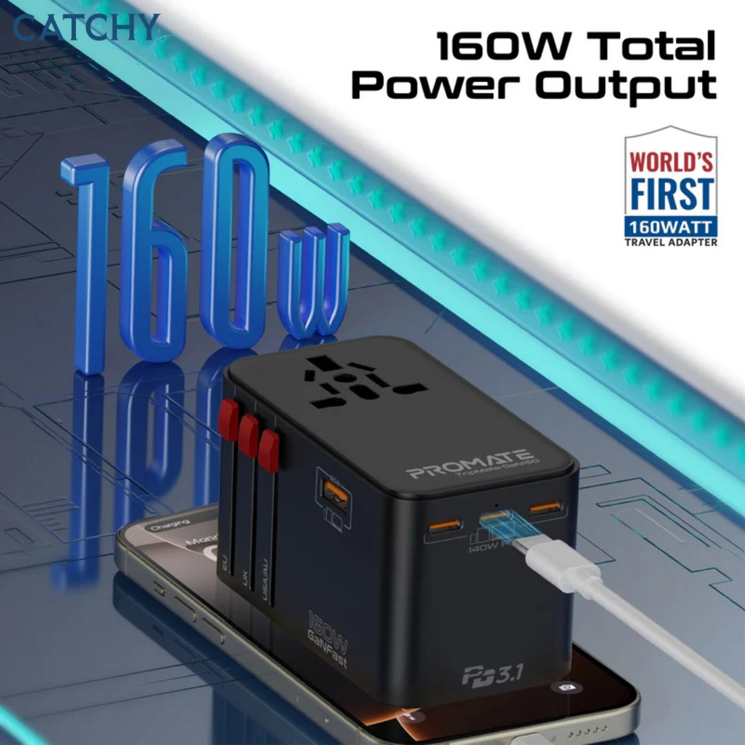 Promate TripMate-GaN160 universal travel adapter with 160W output
