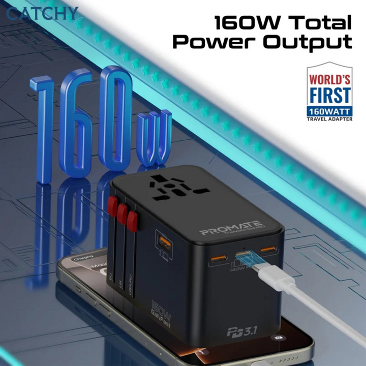 Promate TripMate-GaN160 universal travel adapter with 160W output