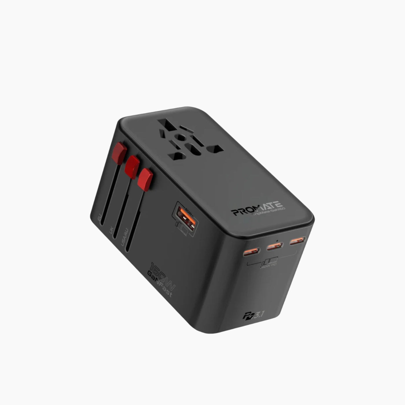 Promate TripMate-GaN160 universal travel adapter with 160W output