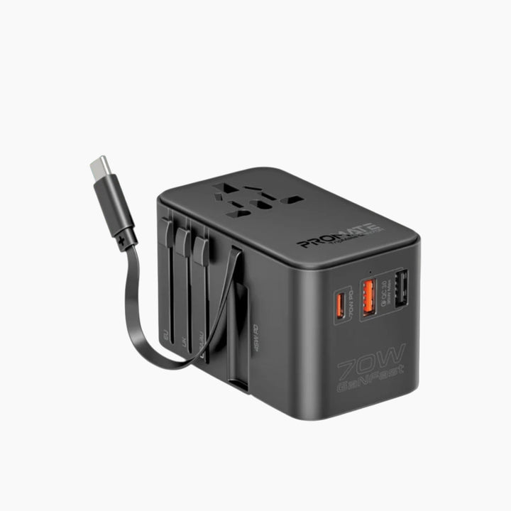 Promate 70W GaN charging adapter with retractable USB-C cable