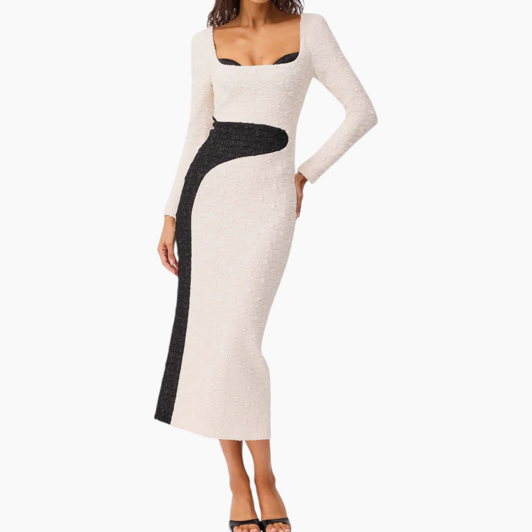 Elliatt Paloma Long Sleeve Midi Dress in Black and White