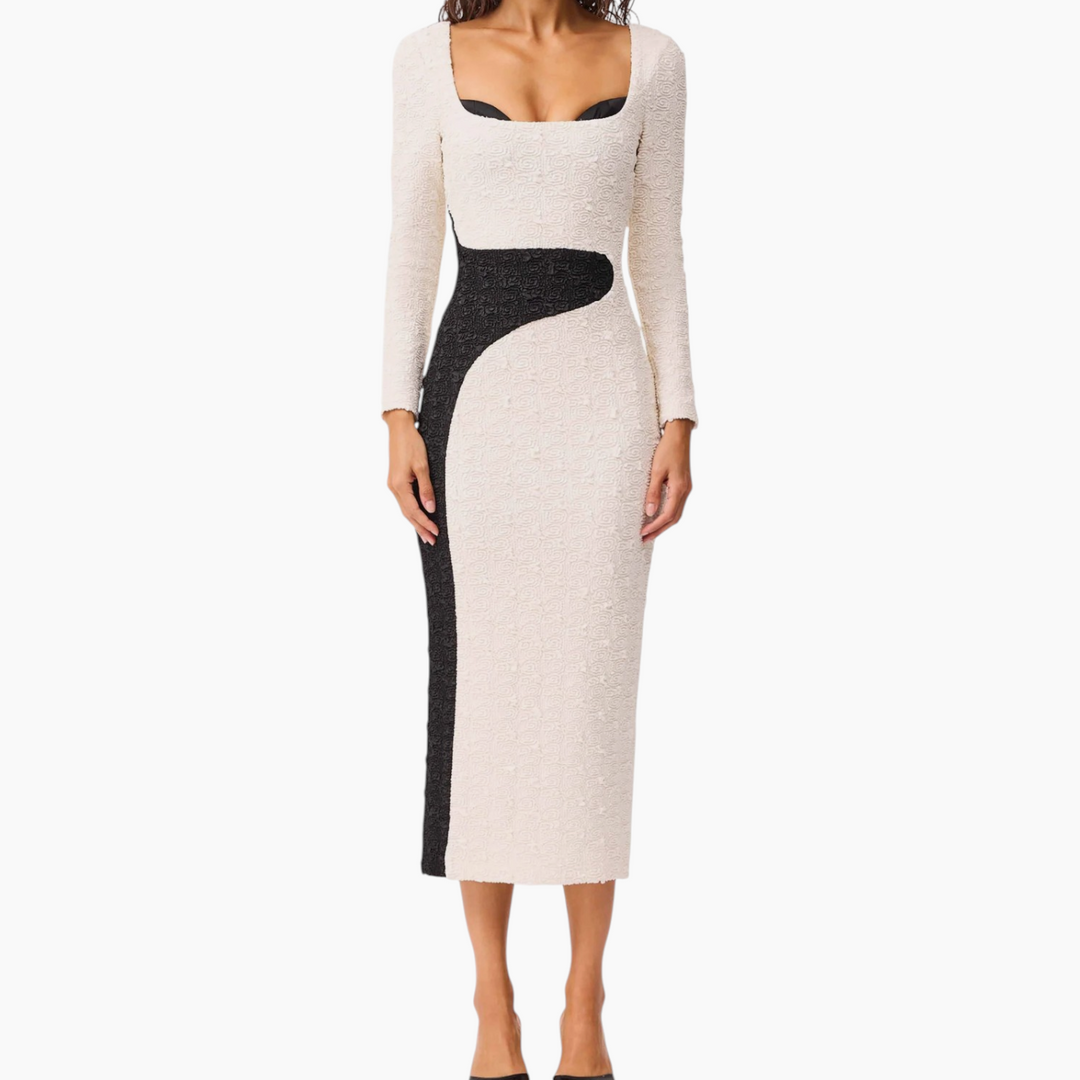 Elliatt Paloma Long Sleeve Midi Dress in Black and White