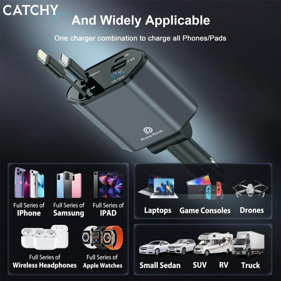 Phone Planet 120W retractable car charger with integrated wires