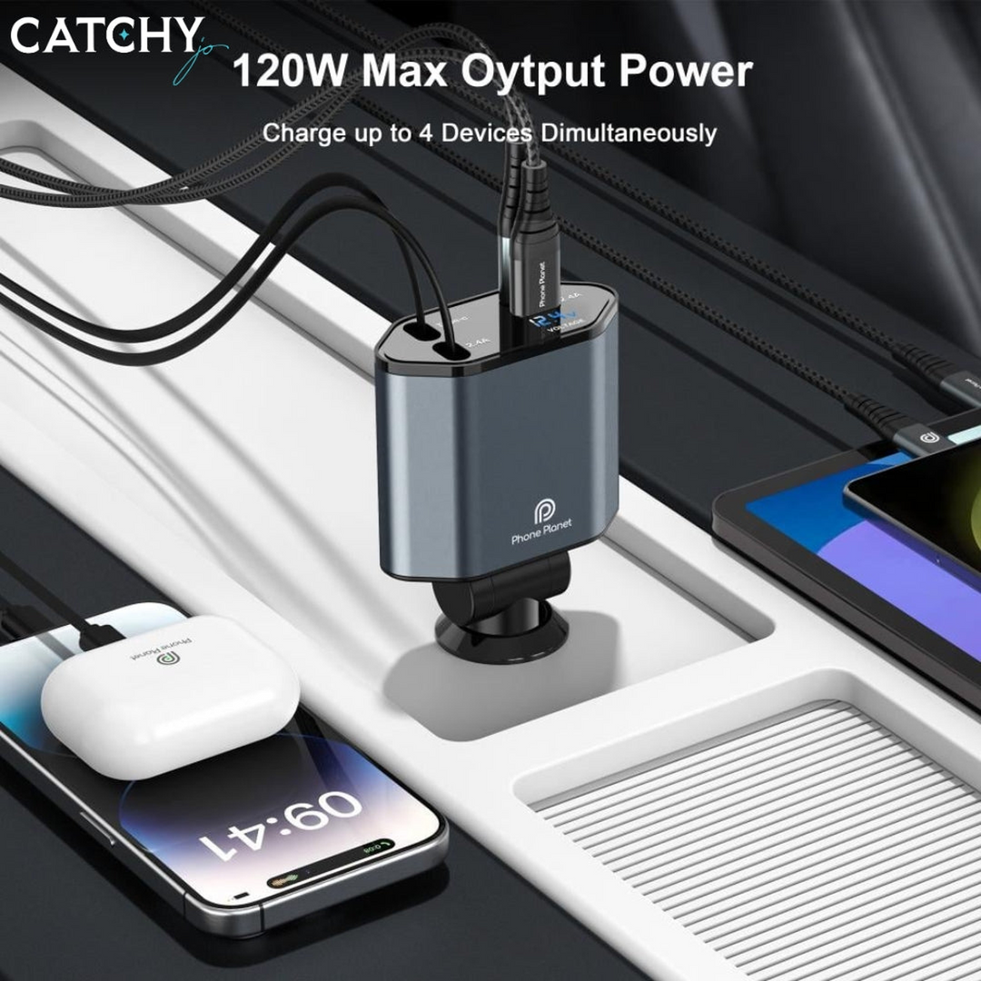 Phone Planet 4 in 1 retractable car charger with 120W USB-C PD outputs