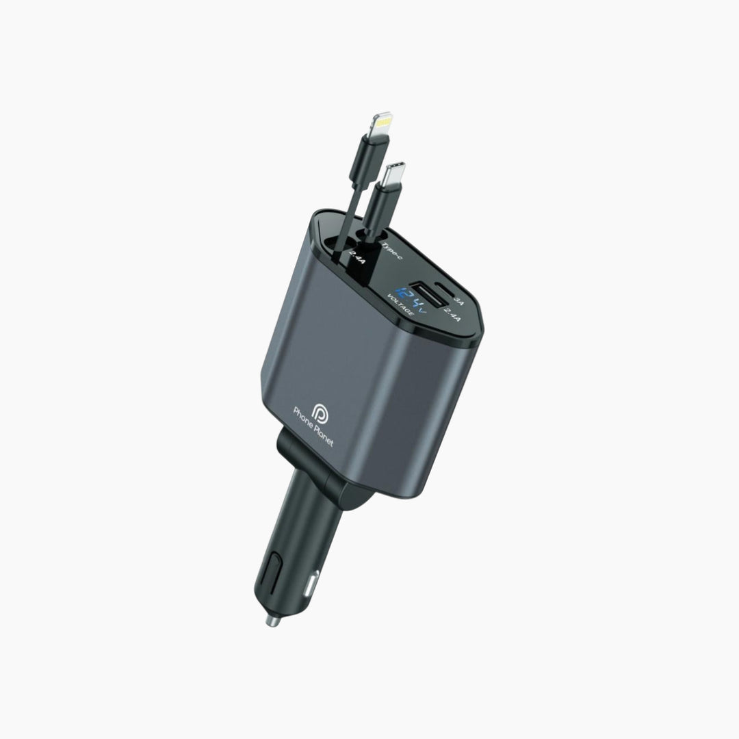 Phone Planet 120W retractable car charger with integrated wires