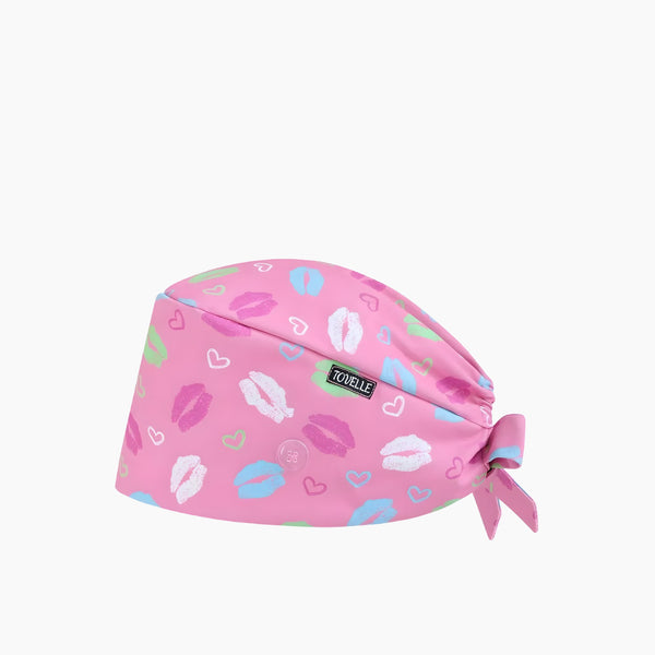 Pink Heart Pattern Scrub Caps for Women with Buttons