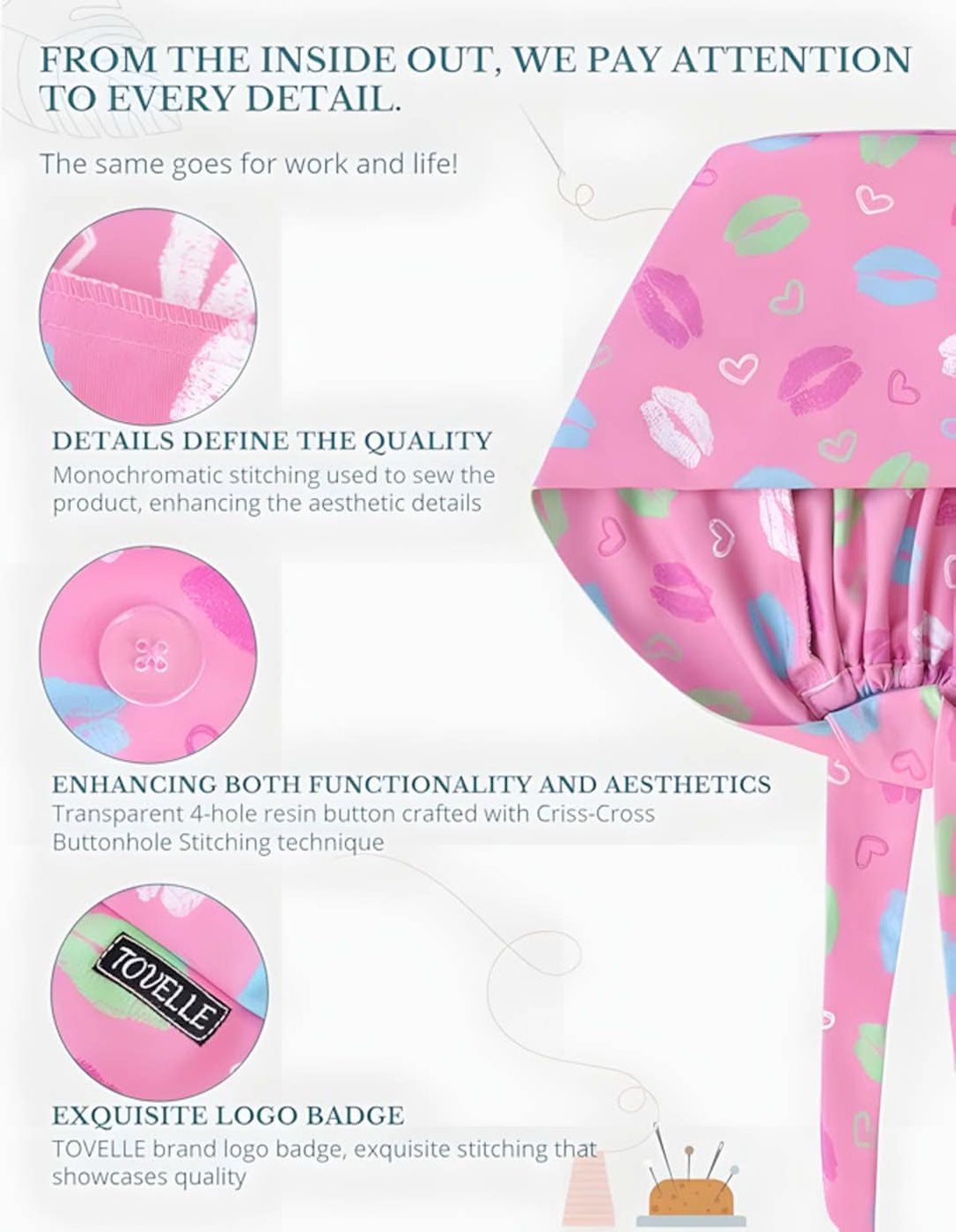Pink Heart Pattern Scrub Caps