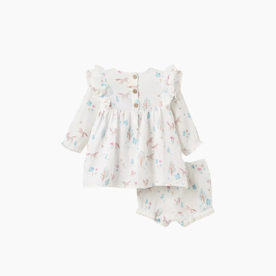 Elegant Baby Pony Meadow Organic Muslin Dress Bloomer Set
