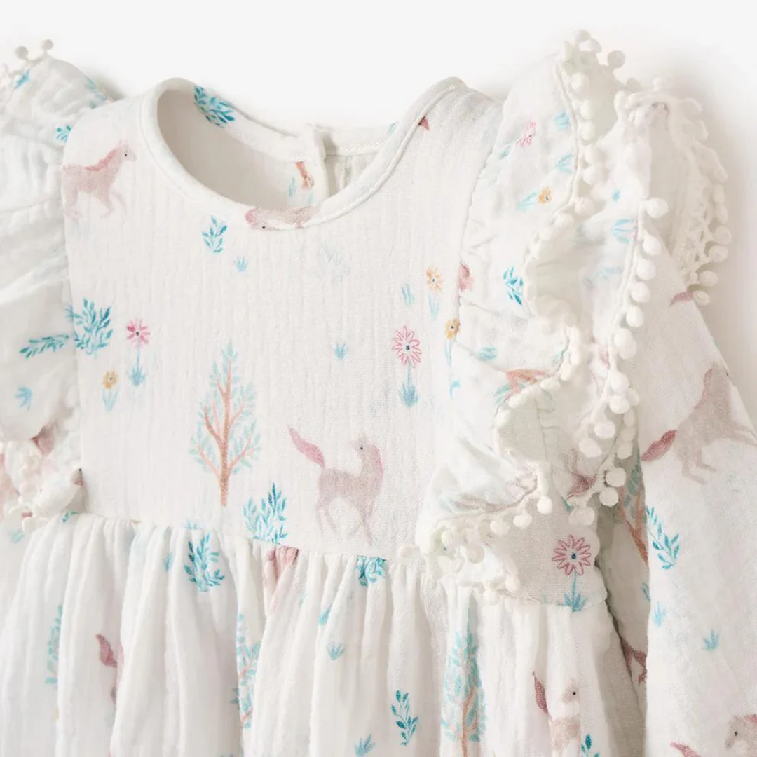 Elegant Baby Pony Meadow Organic Muslin Dress Bloomer Set