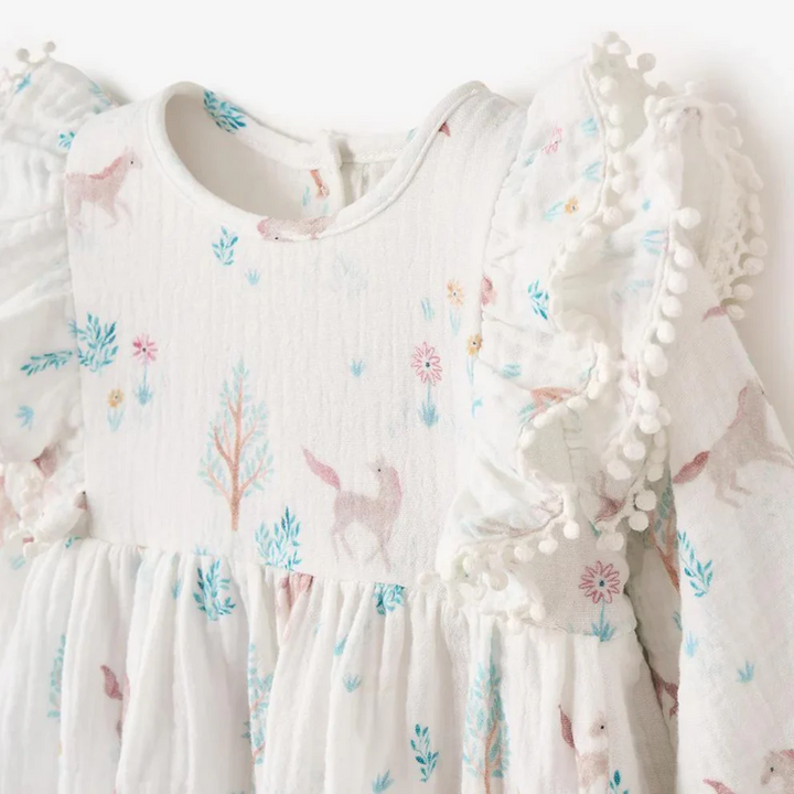 Elegant Baby Pony Meadow Organic Muslin Dress Bloomer Set